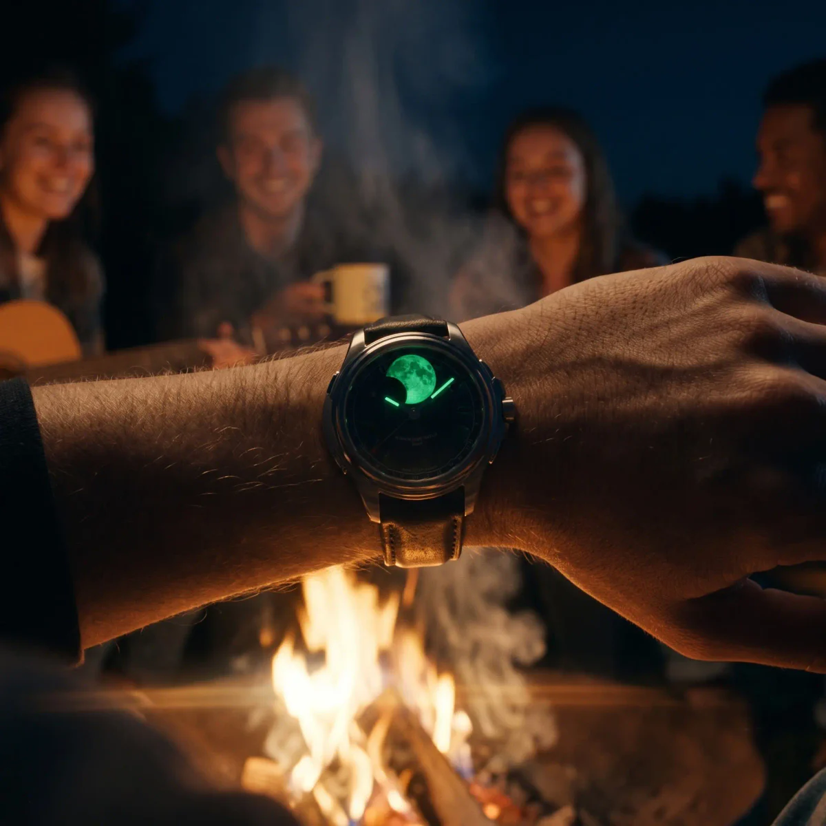 Urbanic MooN 2 mit leuchtender einzelner Mondanzeige am Arm bei Nacht
