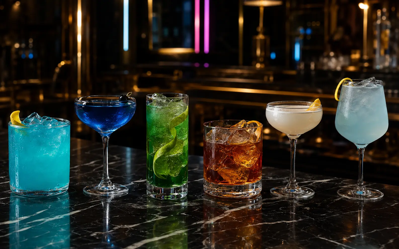 Sechs farbige Cocktails auf schwarzem Marmor in einer eleganten Bar