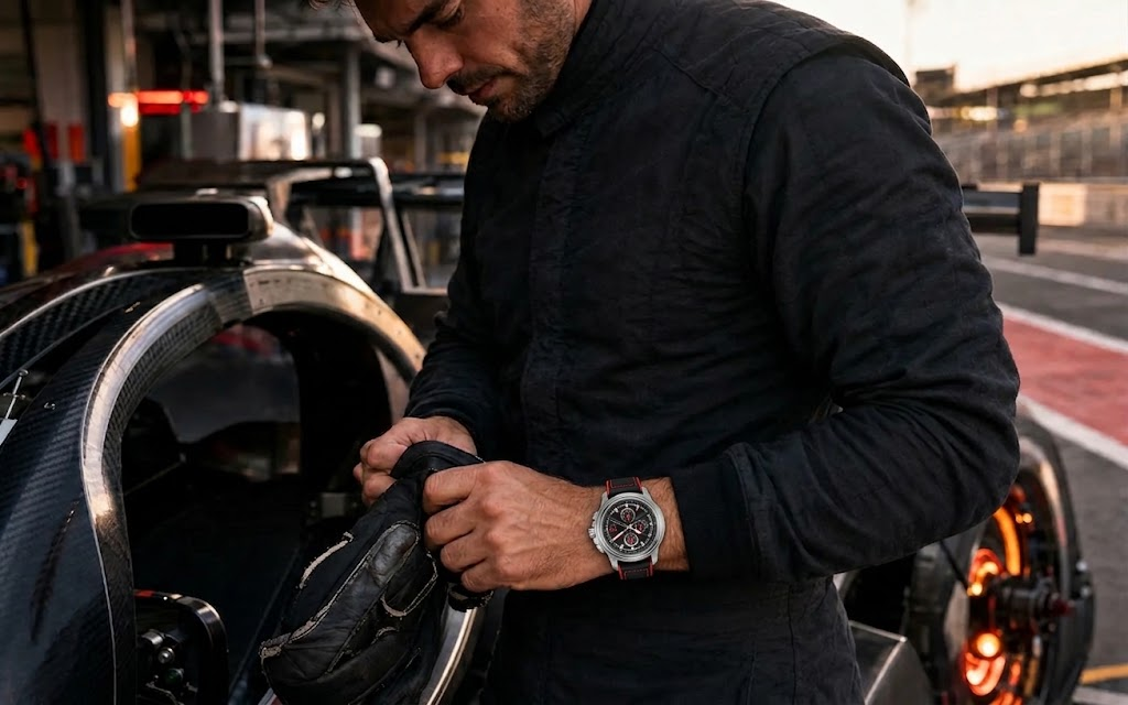 Rennfahrer neben einem Rennwagen mit GT-SuperCup Chronograph am Handgelenk