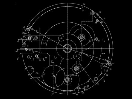 Technische Entwicklungszeichnung eines mechanischen Uhrwerks