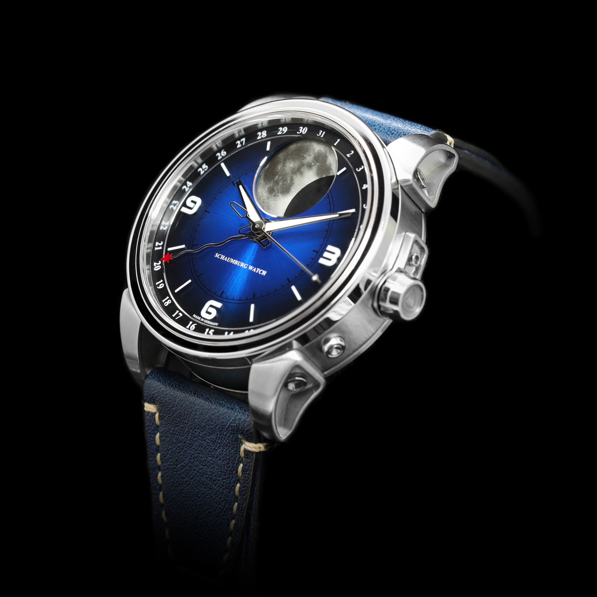 MooN Parallax I mit blauem Zifferblatt und blauem Lederband, Ansicht von der Kronenseite