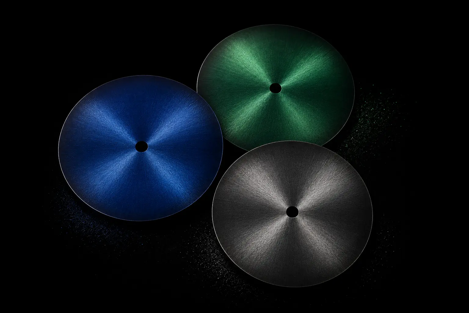 Symbolische Makroansicht dreier Zifferblattfarben mit radialem Sonnenschliff