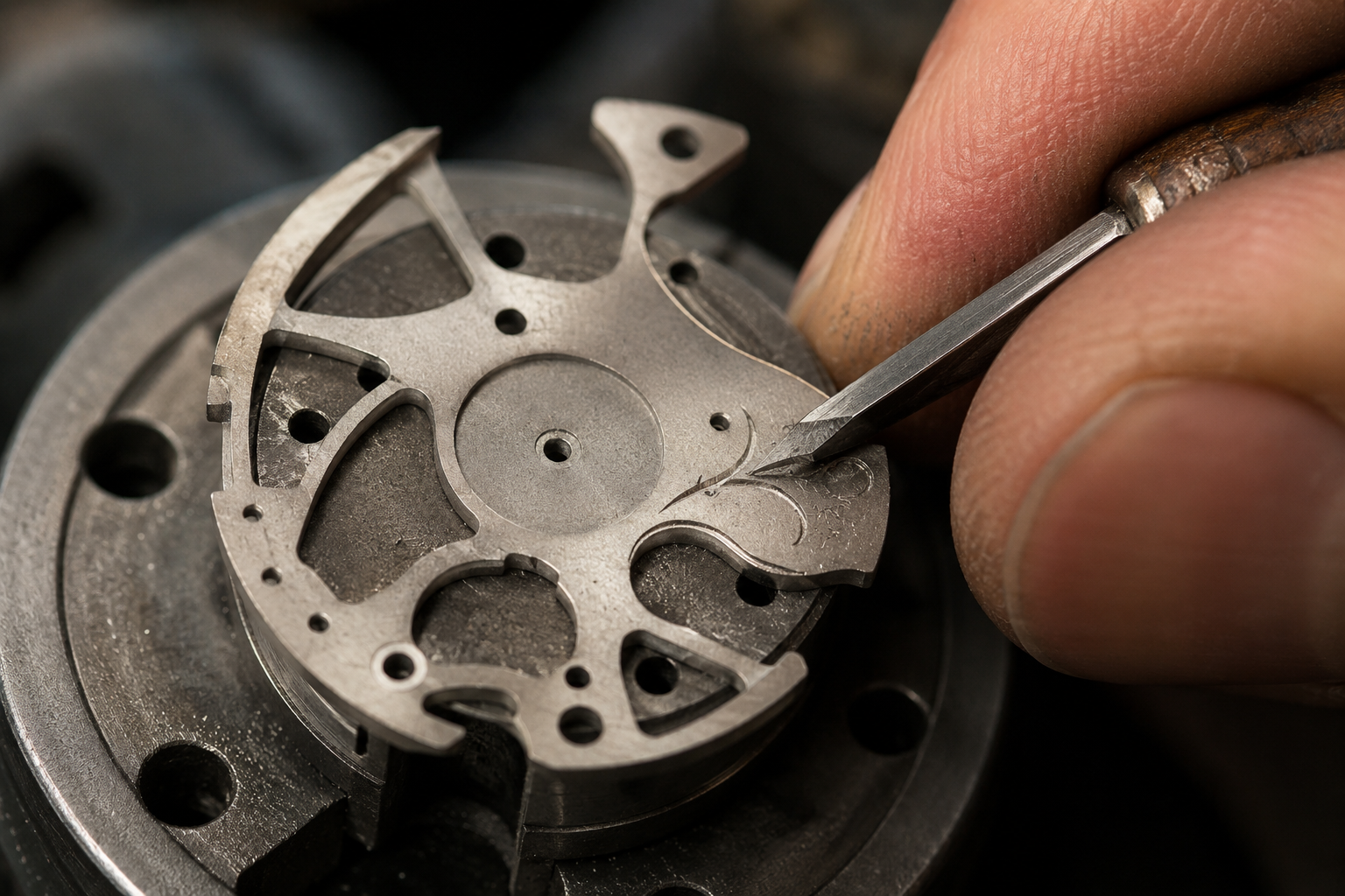 Rohes Federhaus eines Classic-Modells wird von Hand skelettiert und graviert