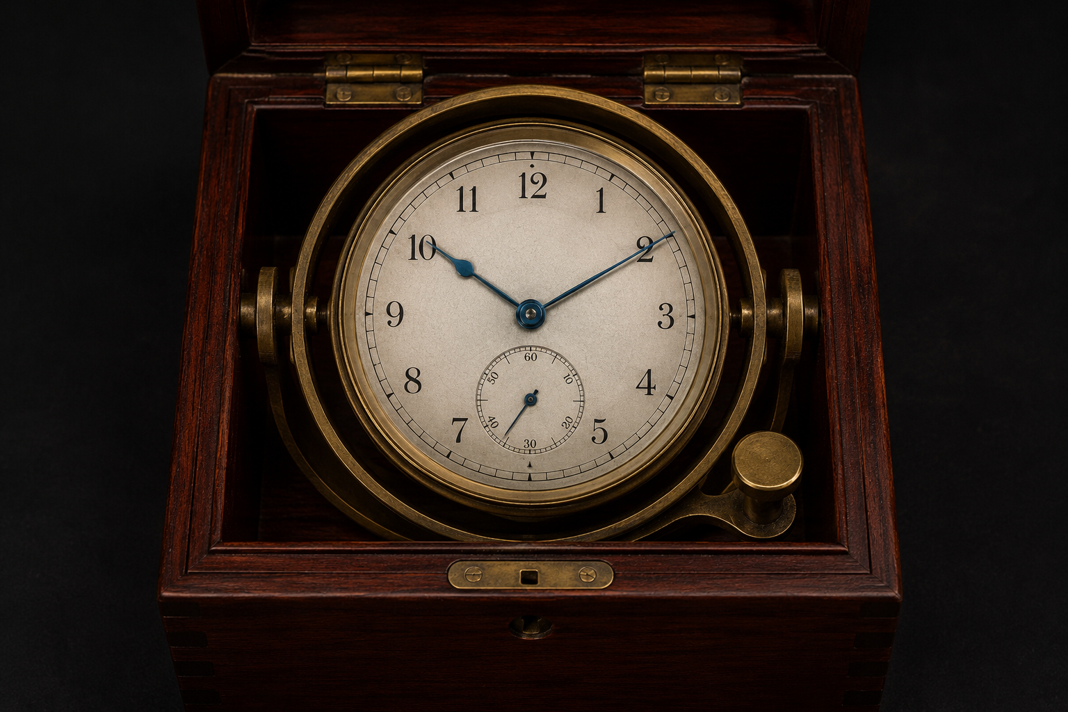 Zifferblattseite eines historischen Schiffschronometers ohne Herstellerlogo